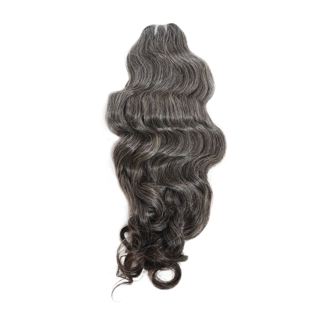 Yummy Hair Extensions featuring  Raw Indian Wavy Hair Extensions in a  Salt & Pepper tone